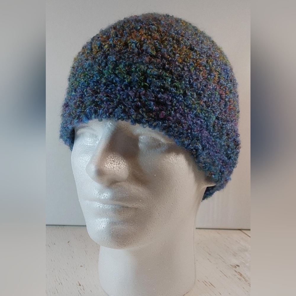 Colorful Blues Beanie Adult Crochet Handmade Cap Stocking Hat Winter Warm Cozy